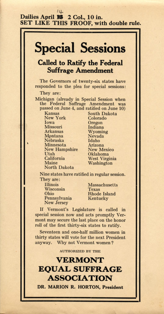 Suffrage Era Call for Vermont Special Sessions Flyer Courtesy of the Vermont Historical Society.
