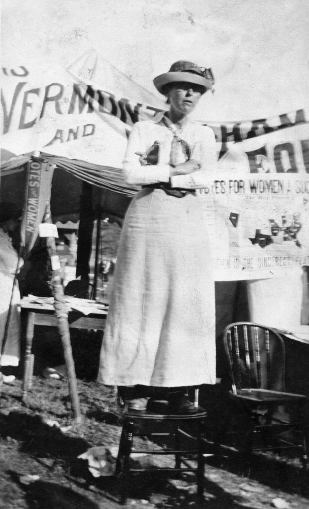 Member of Women's Suffrage Association of Vermont at the 1912 Vermont State Fair in White River Junction.